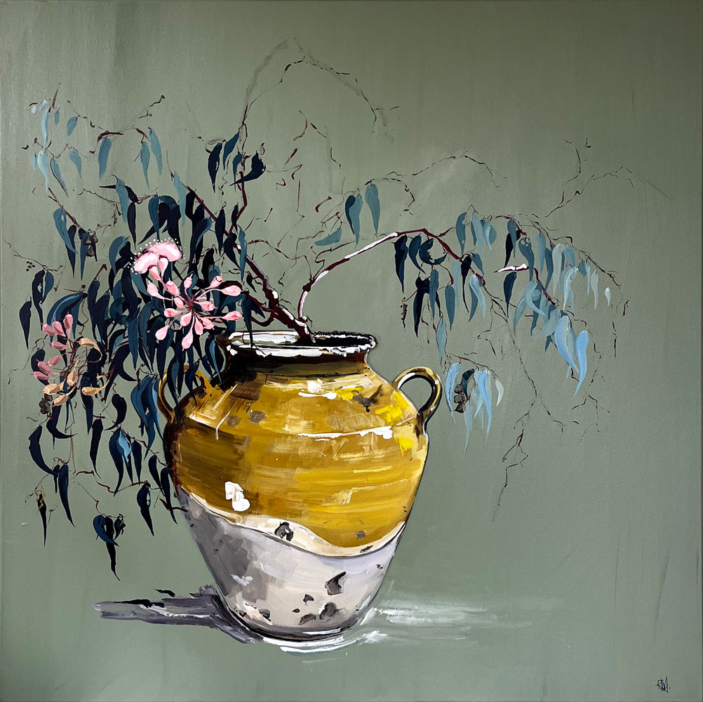 Painting of Eucalypt Blossoms in Clay Jar Painted in Acrylic on Stretched Canvas roslynmary art.
