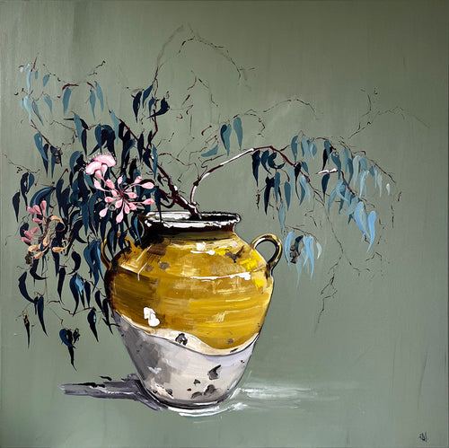 Painting of Eucalypt Blossoms in Clay Jar Painted in Acrylic on Stretched Canvas roslynmary art.