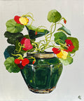 Painting of Nasturtiums in Green Ceramic Jar Painted in Acrylic on Canvas Board roslynmary art.