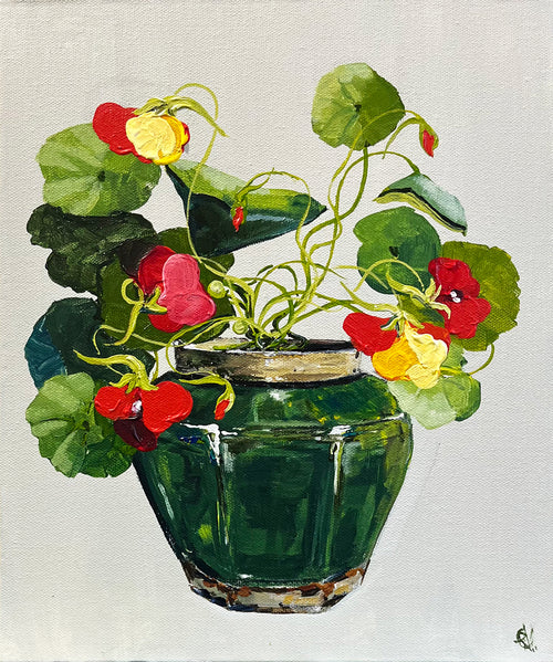 Painting of Nasturtiums in Green Ceramic Jar Painted in Acrylic on Canvas Board roslynmary art.