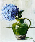 Painting of Hydrangeas in Ceramic Jug Painted in Acrylic on Canvas Board roslynmary art.