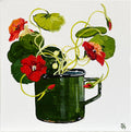 Painting of Nasturtiums in Green Enamel Mug Painted in Acrylic on Canvas Board roslynmary art.