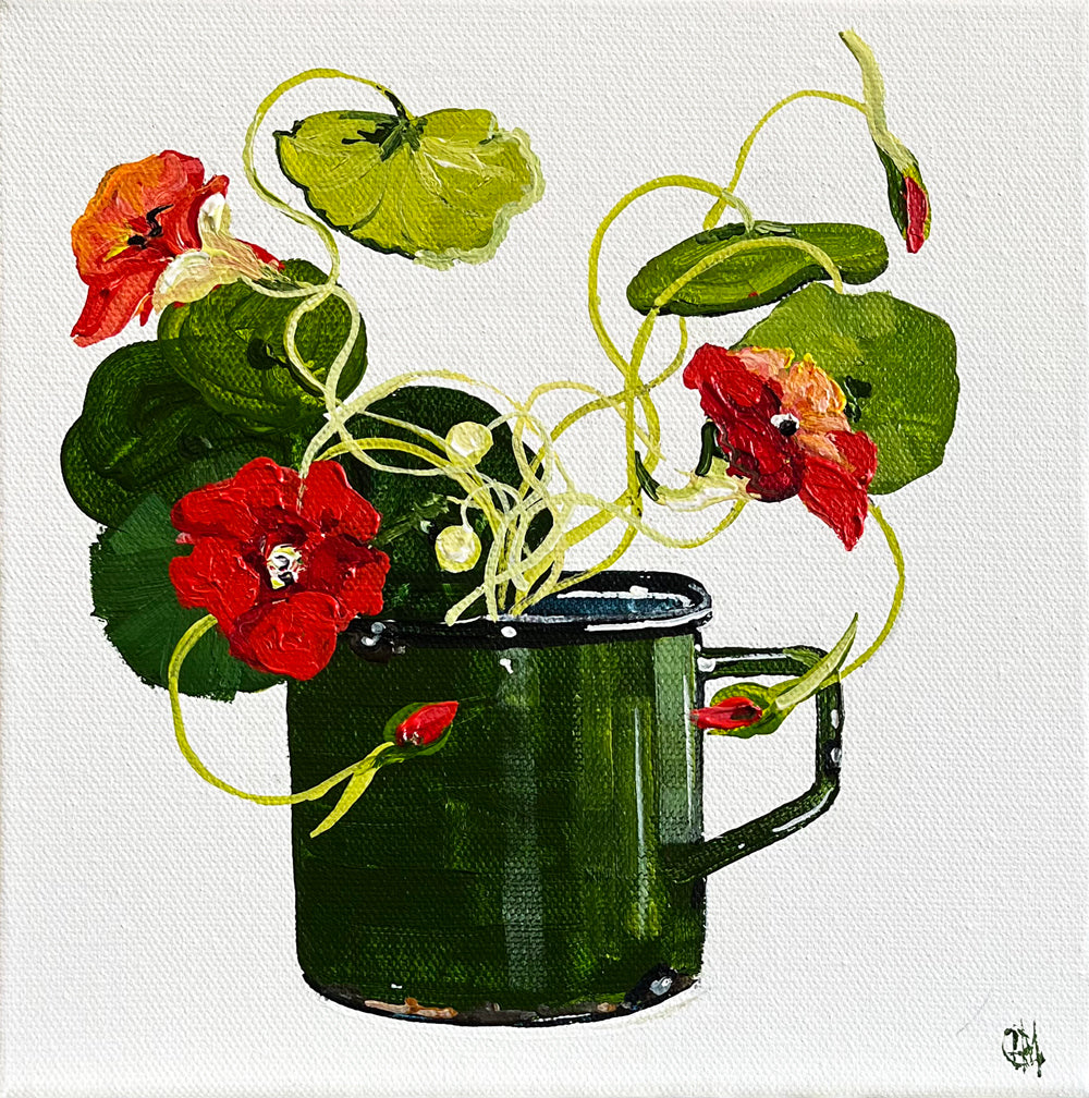 Painting of Nasturtiums in Green Enamel Mug Painted in Acrylic on Canvas Board roslynmary art.
