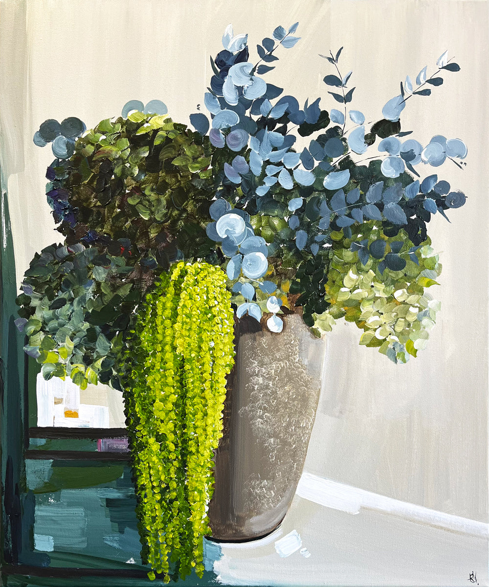 Painting of Mixed Australian Native Flowers in Clay Vase Painted in Acrylic on Stretched Canvas roslynmary art.