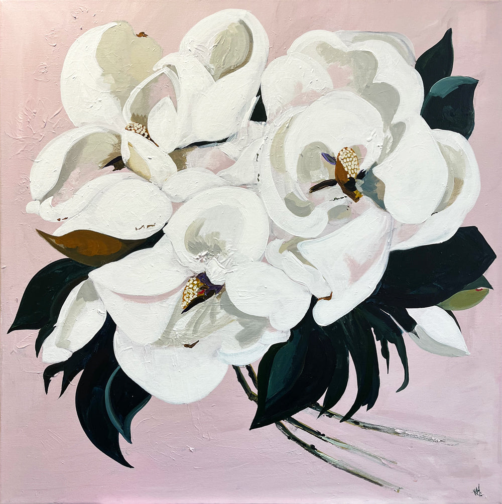 Painting of White Magnolias on Pink Background Painted in Acrylic on Stretched Canvas roslynmary art.