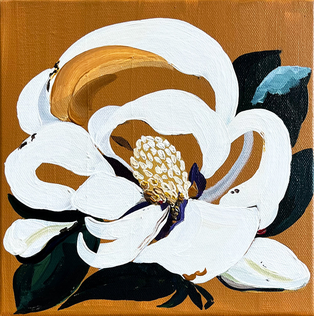 Painting of White Magnolia on Raw Sienna Background Painted in Acrylic on Stretched Canvas roslynmary art.