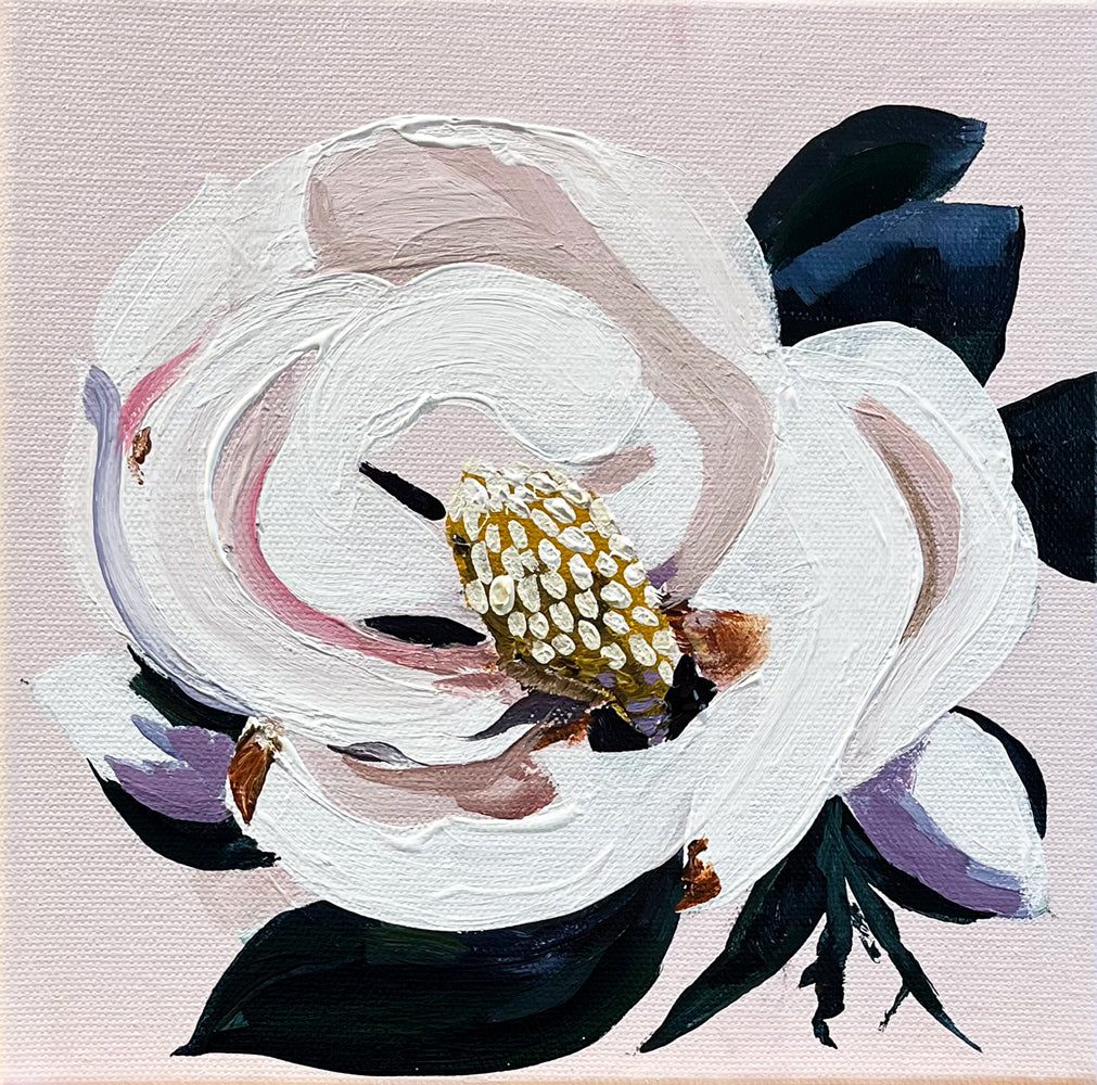 Painting of White Magnolia on Pale Pink Background Painted in Acrylic on Stretched Canvas roslynmary art.