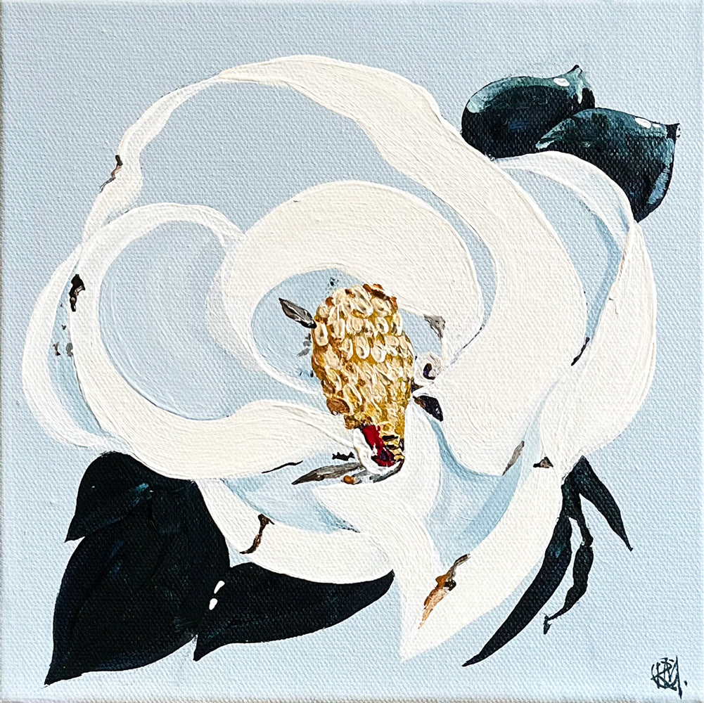 Painting of White Magnolia on Pale Blue Background Painted in Acrylic on Stretched Canvas roslynmary art.