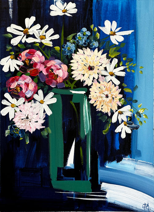 Painting of Mixed Flowers in Green Vase Painted in Acrylic on Cotton Canvas roslynmary art.