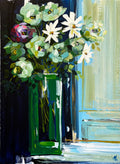 Painting of Mixed Flowers in Green Vase Painted in Acrylic on Cotton Canvas roslynmary art.