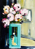 Painting of Flowers in Teal Vase Painted in Acrylic on Cotton Canvas roslynmary art.