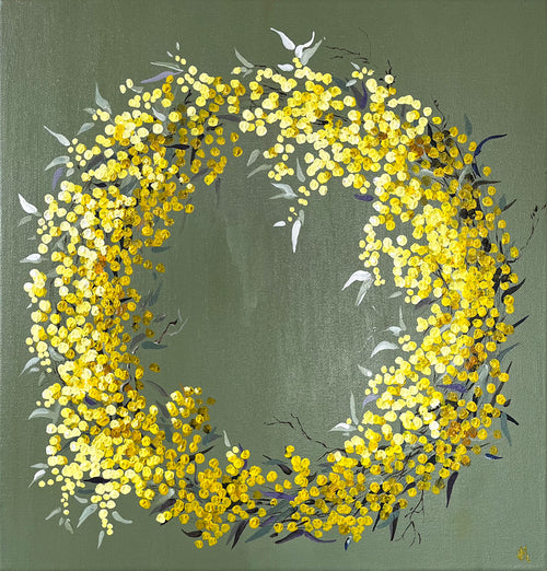 Yellow Wattle Wreath on Green Background Painted in Acrylic on Stretched Canvas roslynmary art.