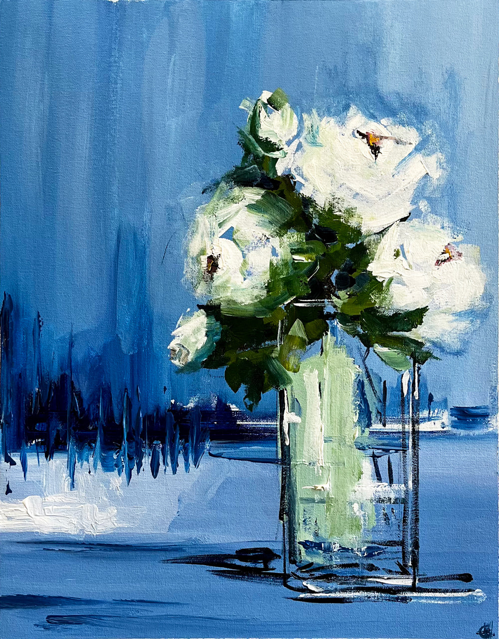 Painting of White Roses in Vase Painted in Acrylic on Cotton Canvas roslynmary art.