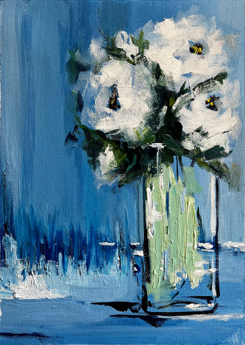 Painting of White Roses in Vase Painted in Acrylic on Cotton Canvas roslynmary art.