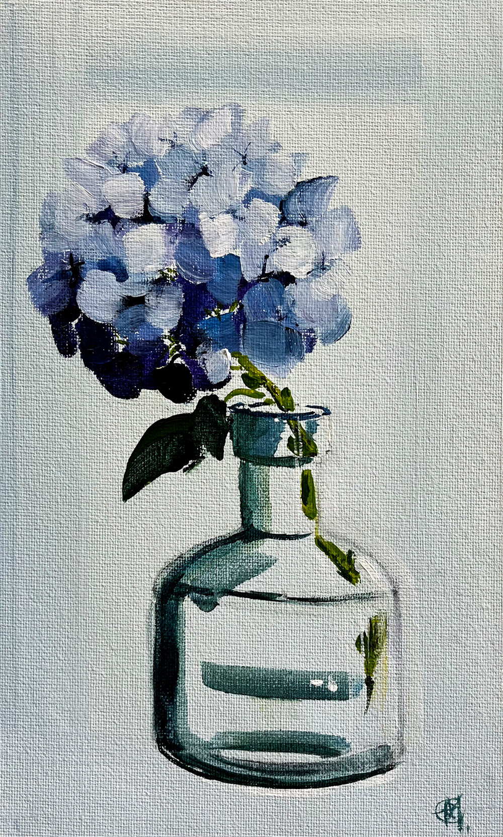 Painting of Hydrangea in Glass Bottle Painted in Acrylic on Cotton Canvas roslynmary art.