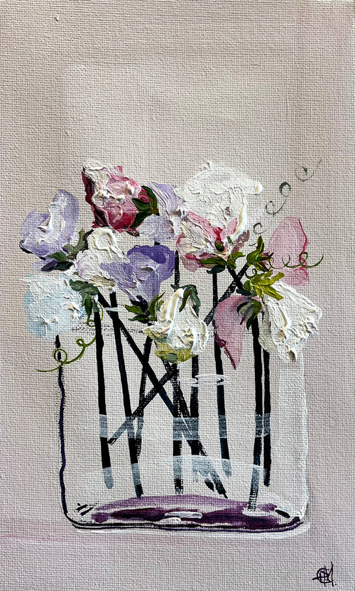 Painting of Sweet Peas in Glass Vase Painted in Acrylic on Cotton Canvas roslynmary art.