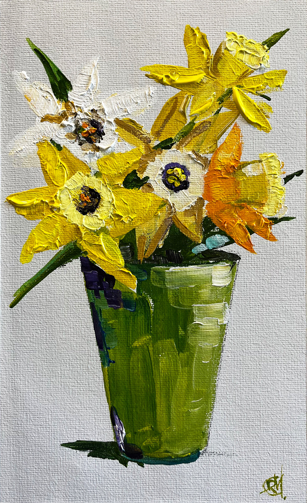 Painting of Yellow Daffodils in Green Vase Painted in Acrylic on Cotton Canvas roslynmary art.