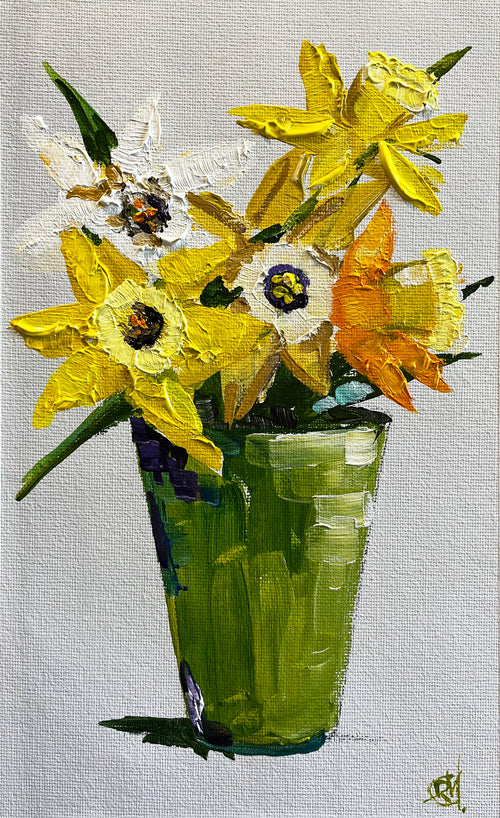 Painting of Yellow Daffodils in Green Vase Painted in Acrylic on Cotton Canvas roslynmary art.